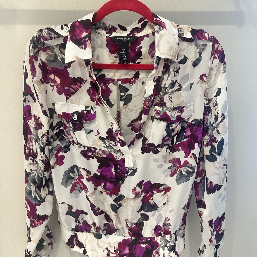 White House Black Market Multi color Floral Womens Silk Blouse Size 4